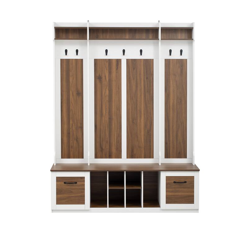 5-in-1 Entryway Bench with Coat Rack, 7 Sturdy Hooks, Adjustable Shelves, Drawers, and Metal Handles