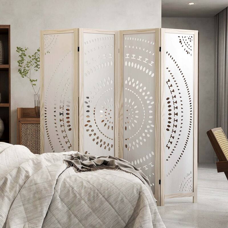 Costway 66" Boho 4-Panel Room Divider with Carved Pattern & Solid Wood - See Details
