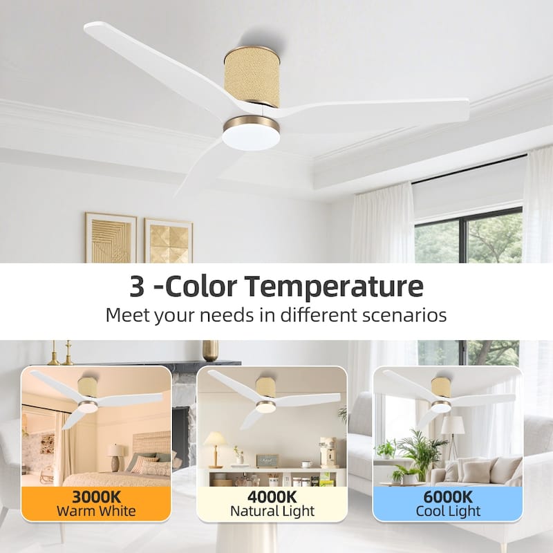MLiAN 52 In. 3 Solid Wood Blades Flush Mount Ceiling Fan with Light Kit - 52"