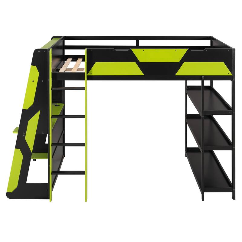 Full Size Gaming Loft Bed Station with Desk, Storage Shelves & RGB LED Lights
