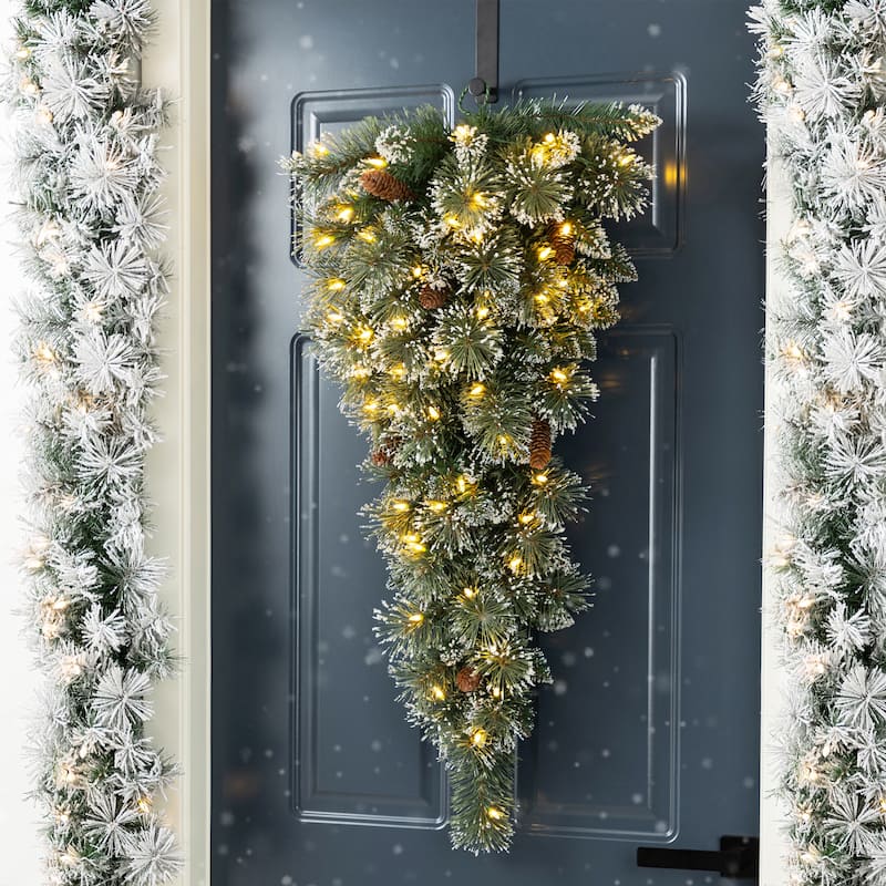 Glitzhome 3ft Pre-Lit Frosted Greenery Pinecones Christmas Teardrop With Timer - 36.00"H - 36.00"H