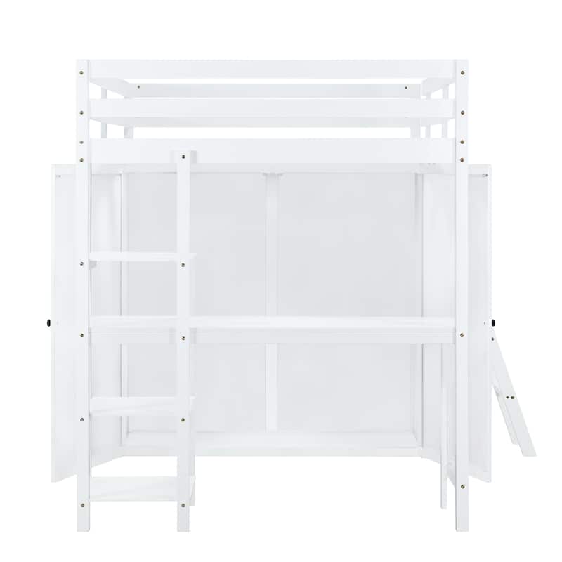 Full Size Loft Bed with Wardrobe, Desk, and Shelves - Space-Saving Design