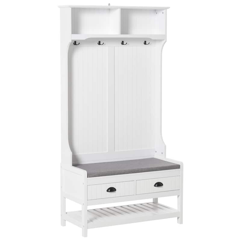 Modern Coat Rack with Shoe Rack 2 Drawers 4 Hooks and Padded Seat Cushion, for Entry and Hallway, White - White