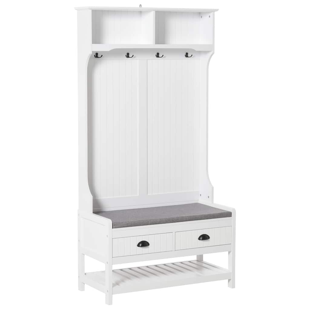 Modern Coat Rack with Shoe Rack 2 Drawers 4 Hooks and Padded Seat Cushion, for Entry and Hallway, White