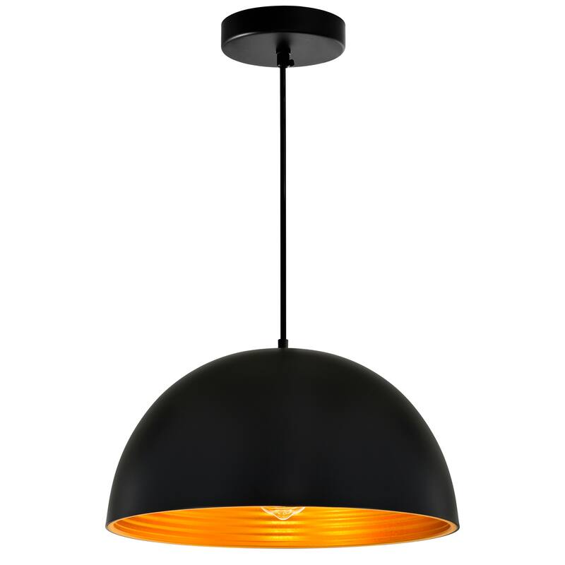 Modest 16 Inch Black Pendant Light - 1 Light Dome Shade with Textured Bronze Interior
