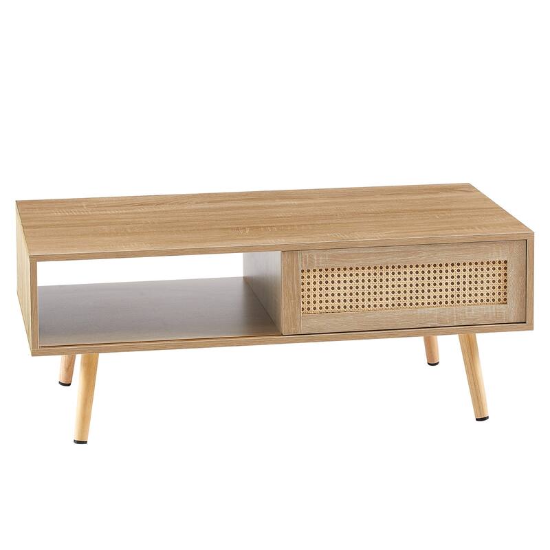 Anmytek Rattan Coffee Table with Storage Modern Walnut Living Room Centerpiece Organizer