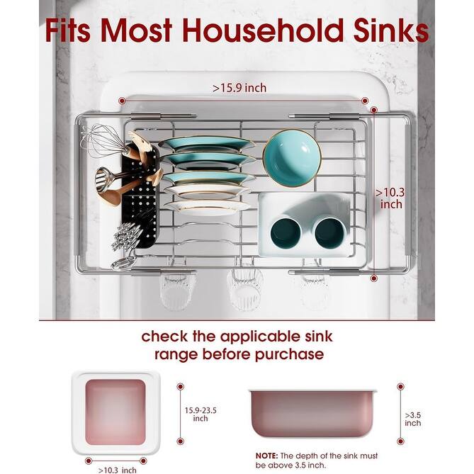 Dish Drying Rack in Sink - Expandable Stainless Steel Dish Rack - 9.8"D x 15.4"W x 3"H