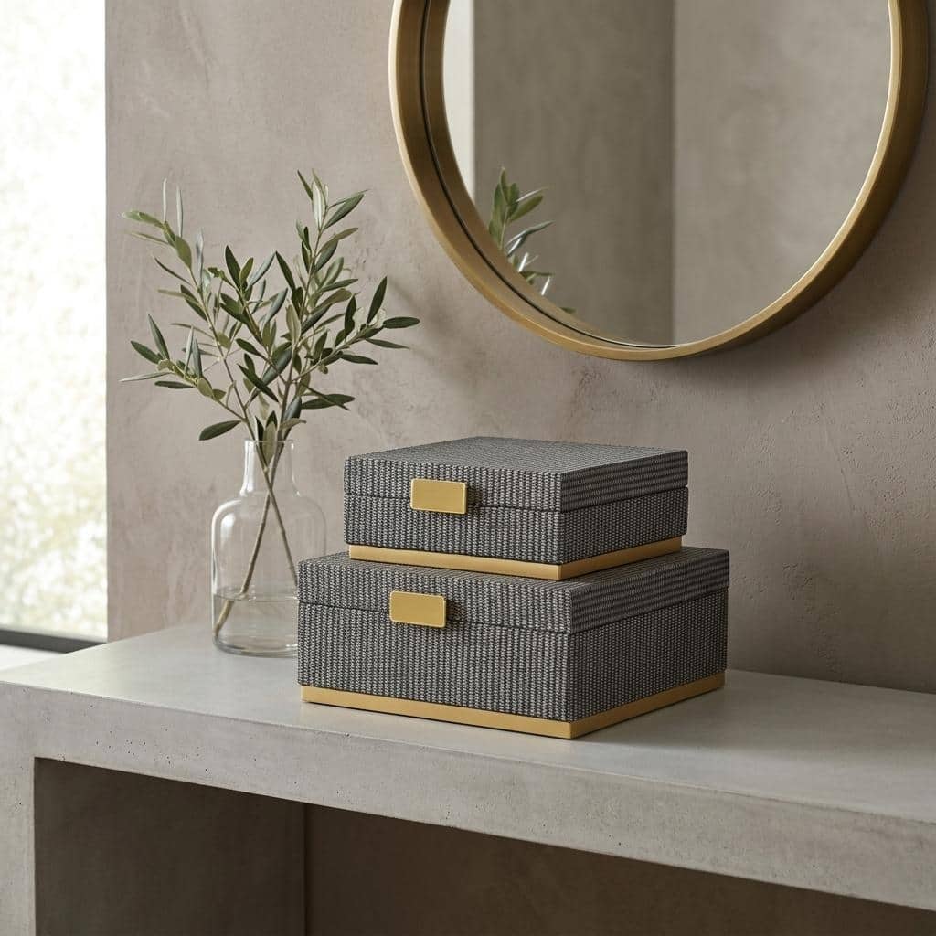Strandiva Gray Woven Themed Square Box Set With Gold Metal Base