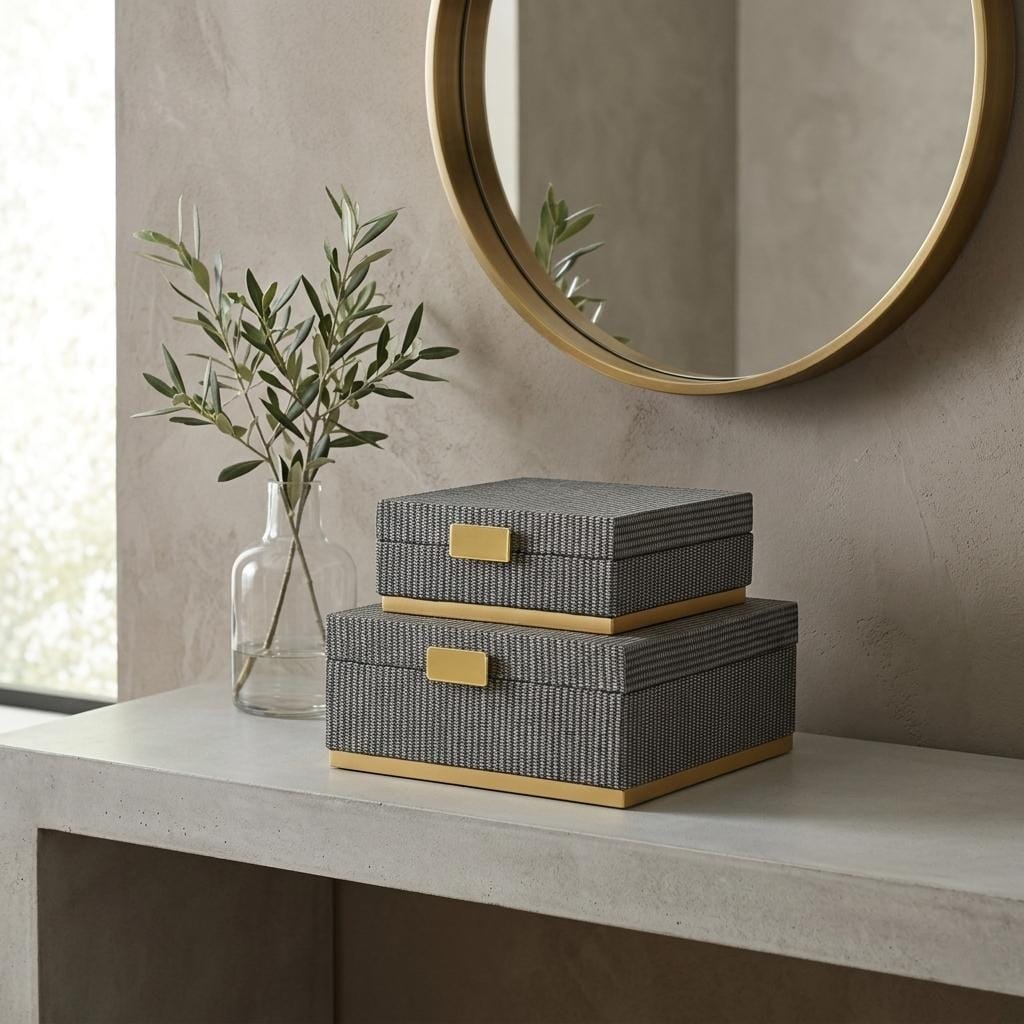 Strandiva Gray Woven Themed Square Box Set With Gold Metal Base