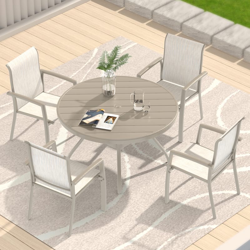 Outdoor Round Patio Dining Table for 4-6, All Weather Metal Dining Table with Umbrella Hole for Deck Lawn Garden Backyard