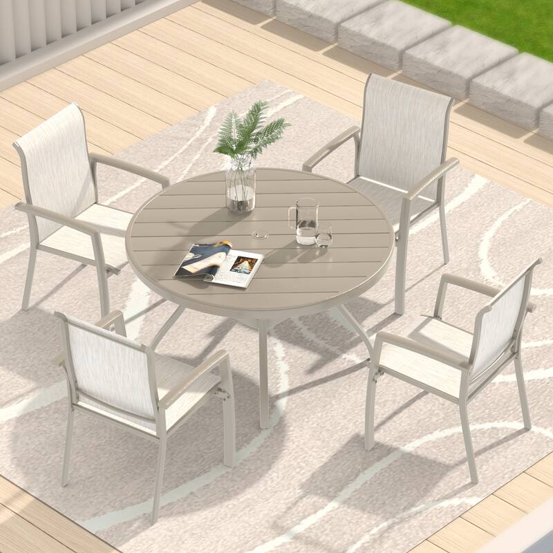 Outdoor Round Patio Dining Table for 4-6, All Weather Metal Dining Table with Umbrella Hole