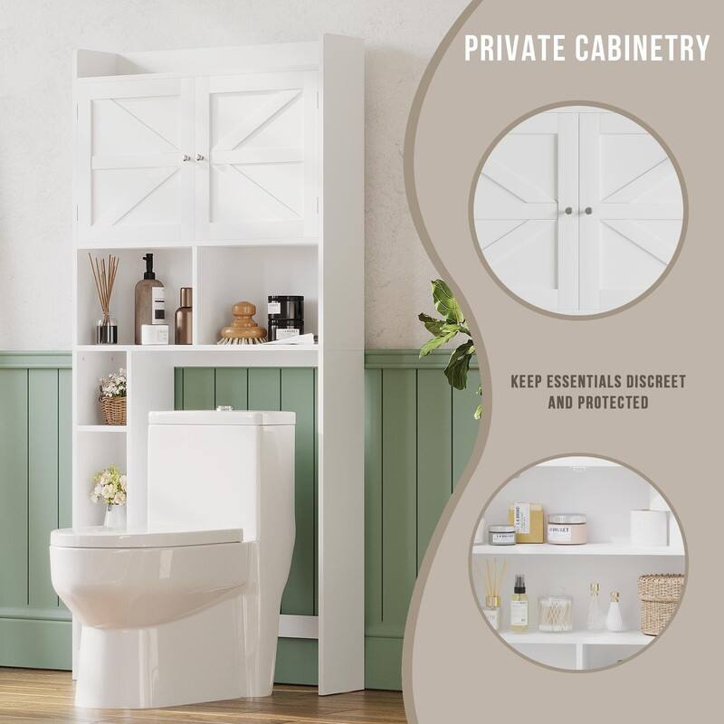 Over-the-Toilet Storage Cabinet, Freestanding Bathroom Space Saver with Adjustable Shelf, Double Doors and Open Shelves
