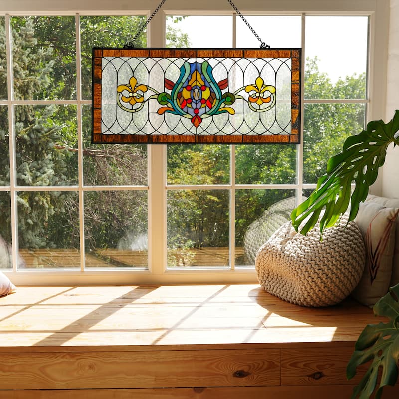 River of Goods Fleur De Lis Stained Glass Pub Window Panel - 30"L x 0.25"W x 14"H
