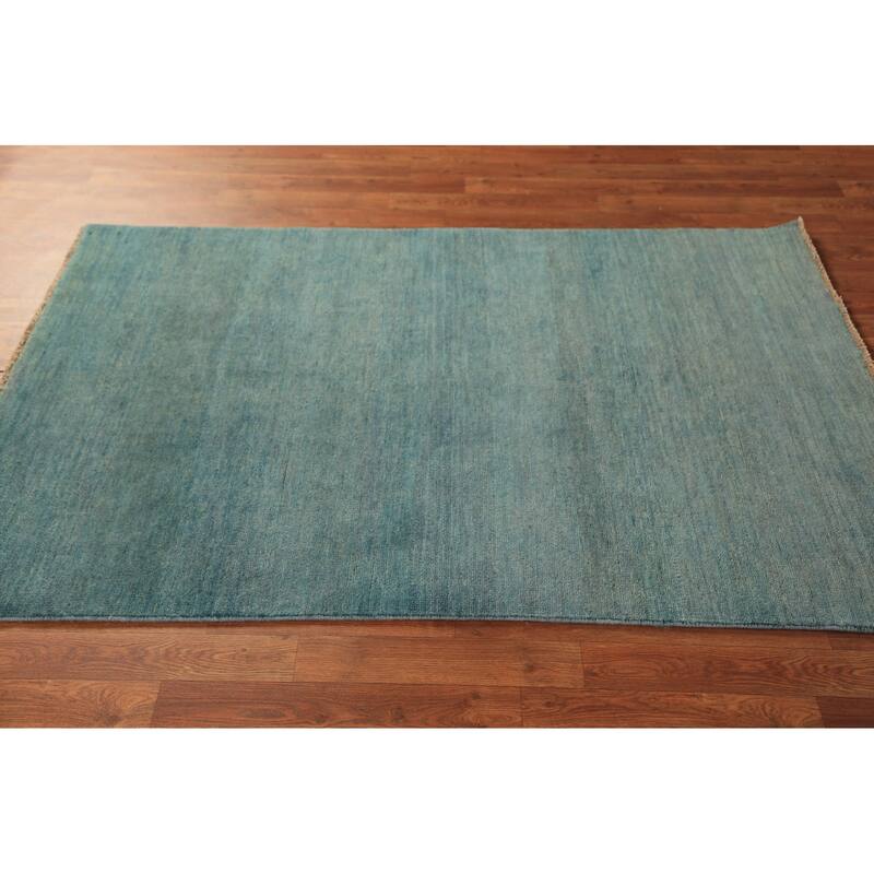 Gabbeh Modern Rug Hand-Knotted Stripe Blue Wool Carpet - 3'10" x 5'10"