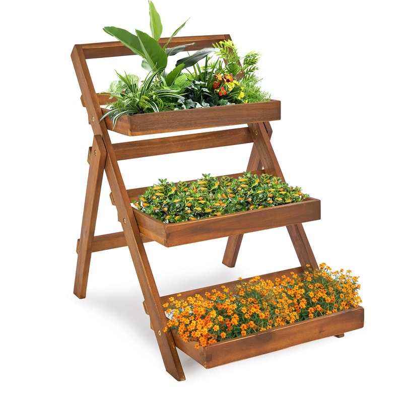 3-Tier Acacia Wood Plant Stand, Foldable Compact Indoor/Outdoor