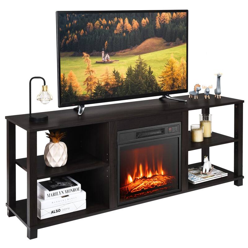 Gymax 2-Tier TV Stand &Electric Fireplace Heater Storage Cabinet - Espresso