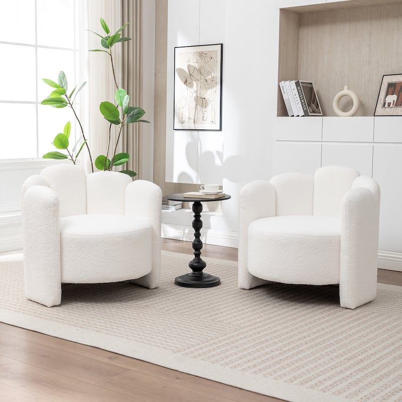 SEYNAR Modern Glam Teddy Fabric Upholstered Round Accent Chair with Flower Shaped Back Design Set of 2 - White
