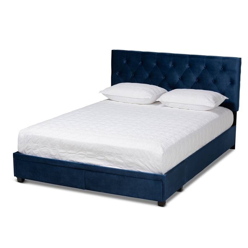 Navy Blue Velvet Queen Bed with Storage Modern Platform Bed Frame, 2 Drawers, Headboard Included
