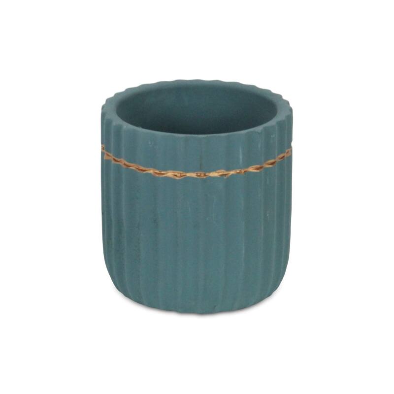 Aurine Round Gold Trimmed Ridged Ceramic Pot - Blue