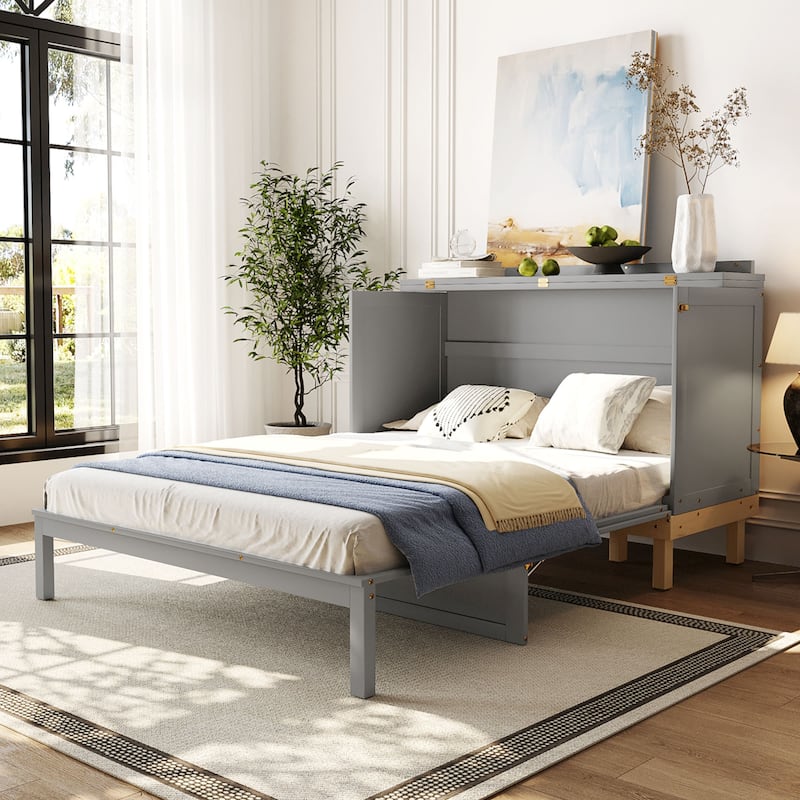 Queen Size Modern Design Murphy Bed, Wood Folding Cabinet Bed, No Box Spring Murphy Bed Frame