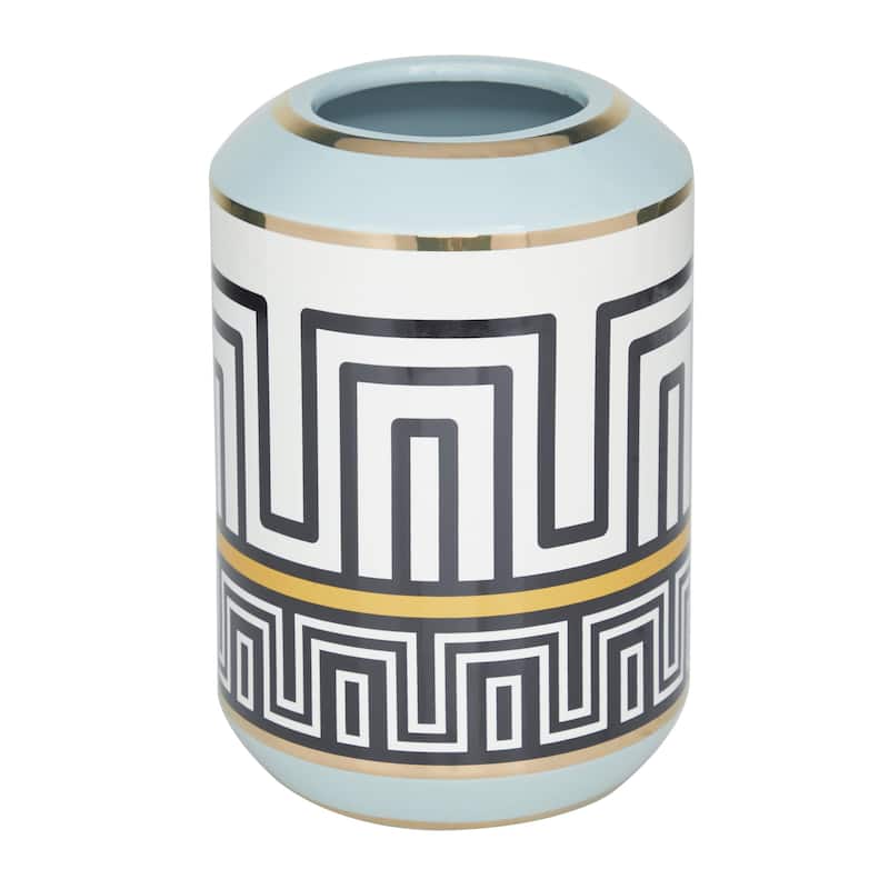 Ceramic Decorative Vase with Greek Knot Pattern - Teal - Roche River Decor - Teal - 6"W, 9"H