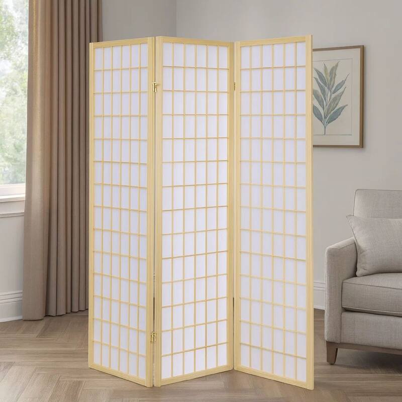 3 Panel Foldable Wooden Frame Room Divider with Grid Design, Brown