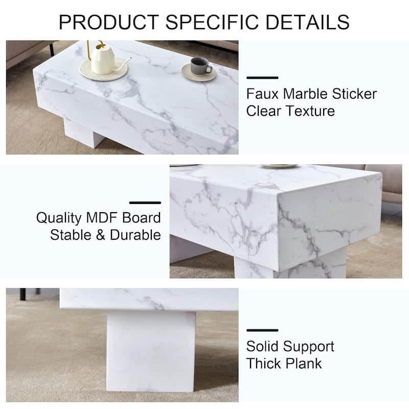 Modern Simple White Marble Texture Coffee Table with White Marble Texture Stickers Support Legs, for Living Room