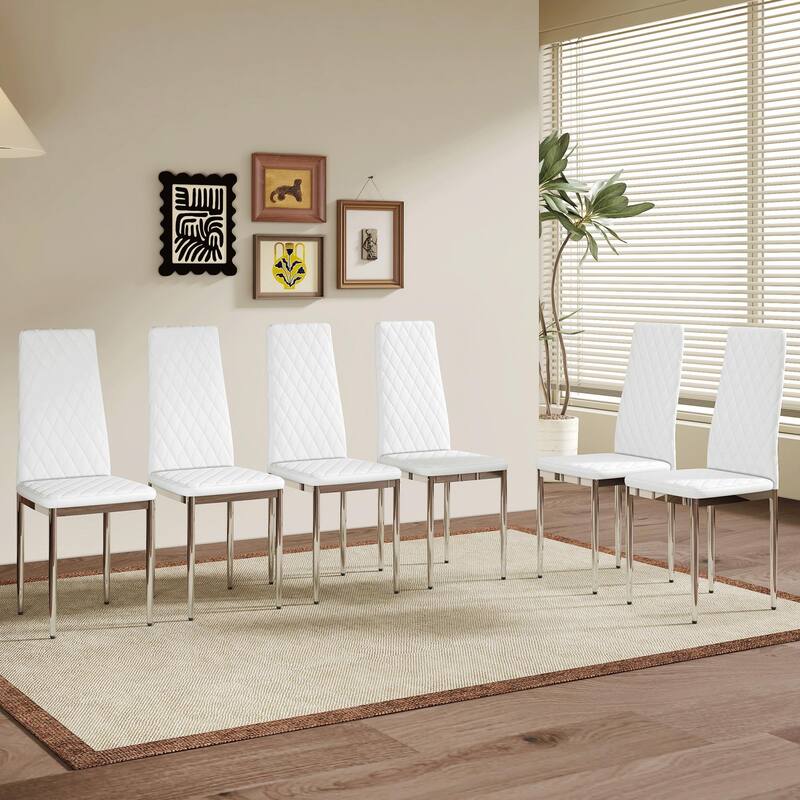 Modern Style Dining Chairs Set of 6, PU Material Seat, Silver Metal Legs - White+Silver