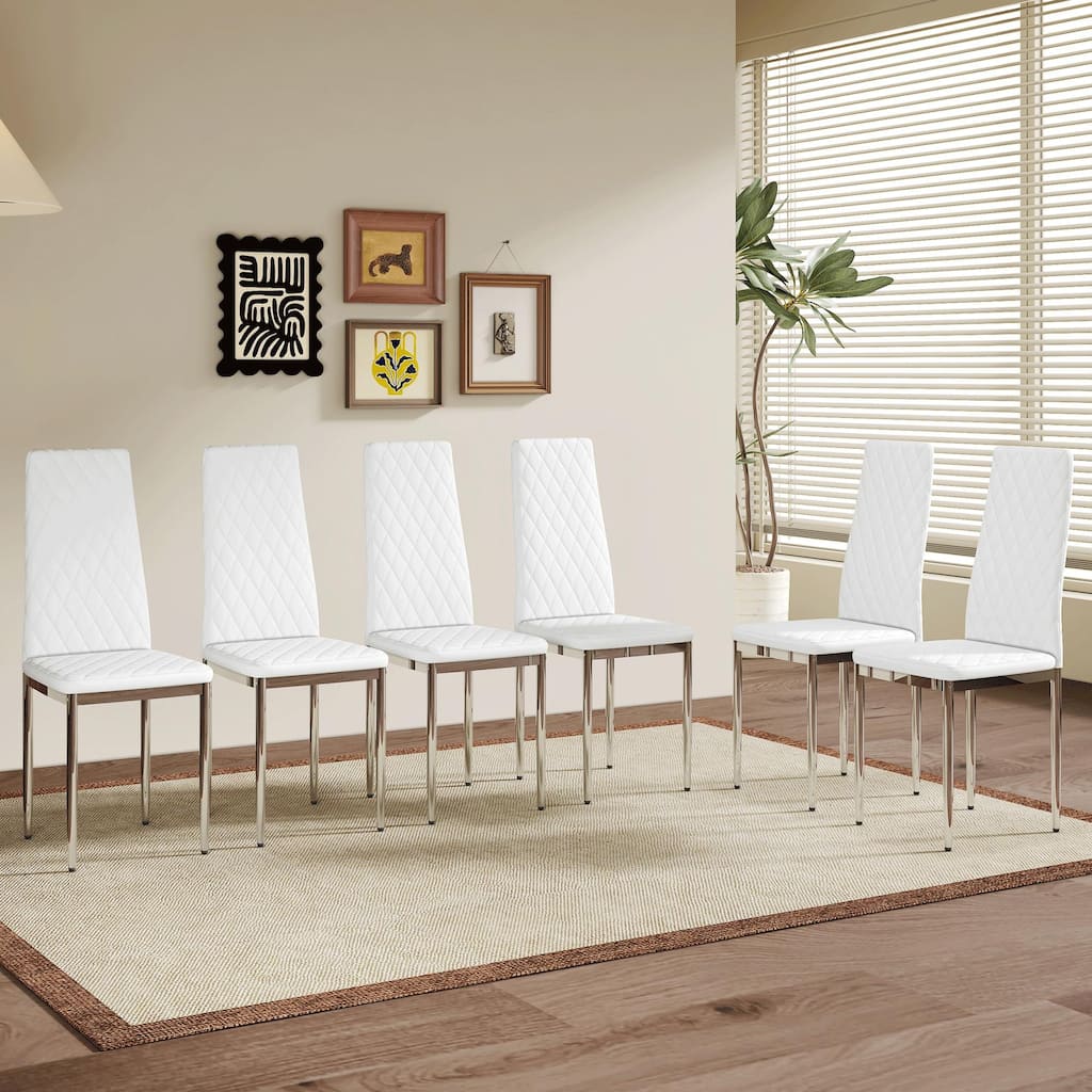 Modern Style Dining Chairs Set of 6, PU Material Seat, Silver Metal Legs