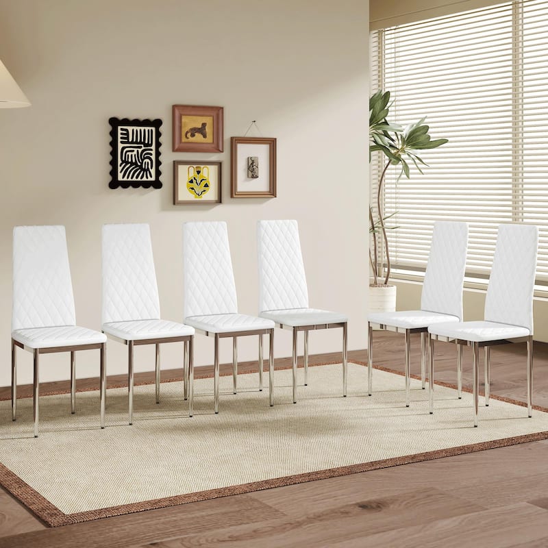 Roomfitters Modern PU Dining Chairs with Silver Metal Legs, Minimalist Dining Chairs, Set of 6 - White