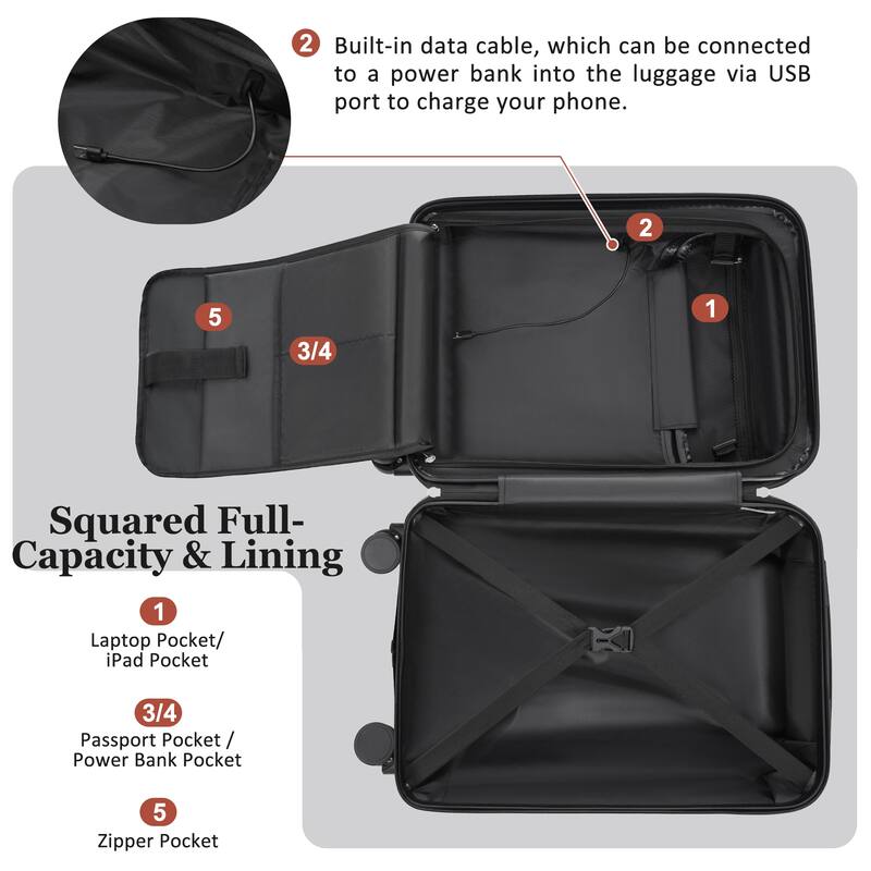 Luggage Sets 5 Piece with Half-opening, Hardside Carry On Suitcase Set with Double Spinner Wheel, with USB Port,TSA Locks