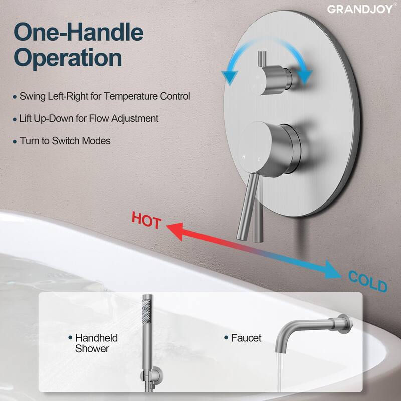 GRANDJOY Wall Mounted Tub Shower Faucet Set with Rotating Bathtub Spout and Handheld Shower