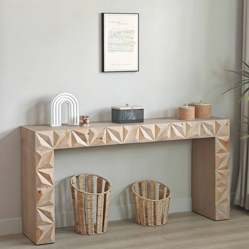 Modern Geometric Wooden Console Table - Natural Wood Finish with Handcrafted 3D Design