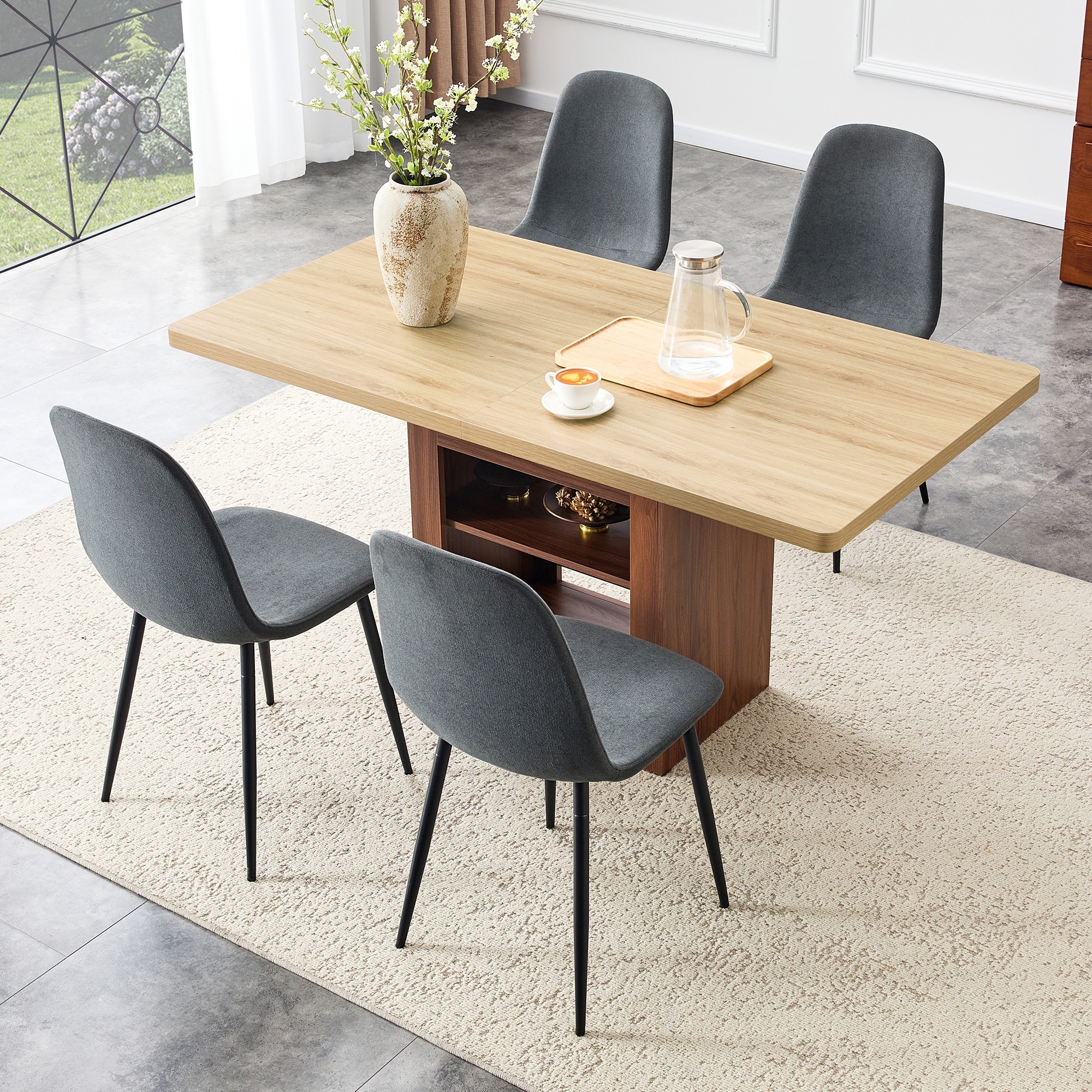 Extendable Dining Table Set with 4 Linen Dining Chairs