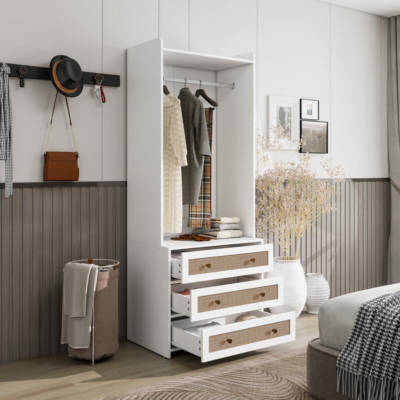 GDFStudio - NordRattan Modern White High Wardrobe Armoire with Rattan Drawers and Hanging Rod