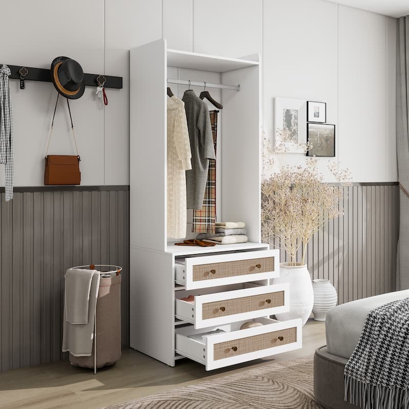 Roomfitters Wardrobe with 3 Drawers, Tall Armoire with Rattan Front, Bedroom Closet Storage Organizer, White