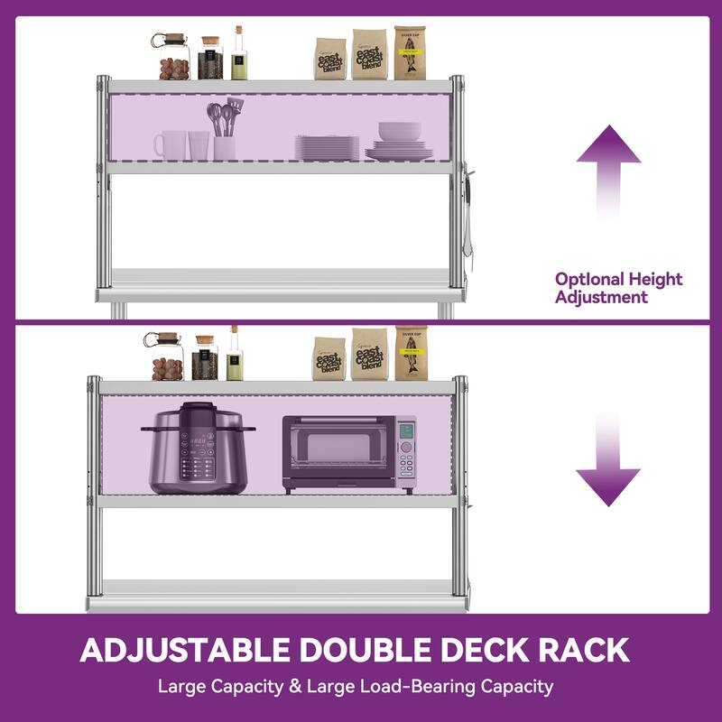 Stainless Steel Overshelf, 2 Tier Overshelf with Hook, Adjustable Double Overshelf for Kitchen Prep Table