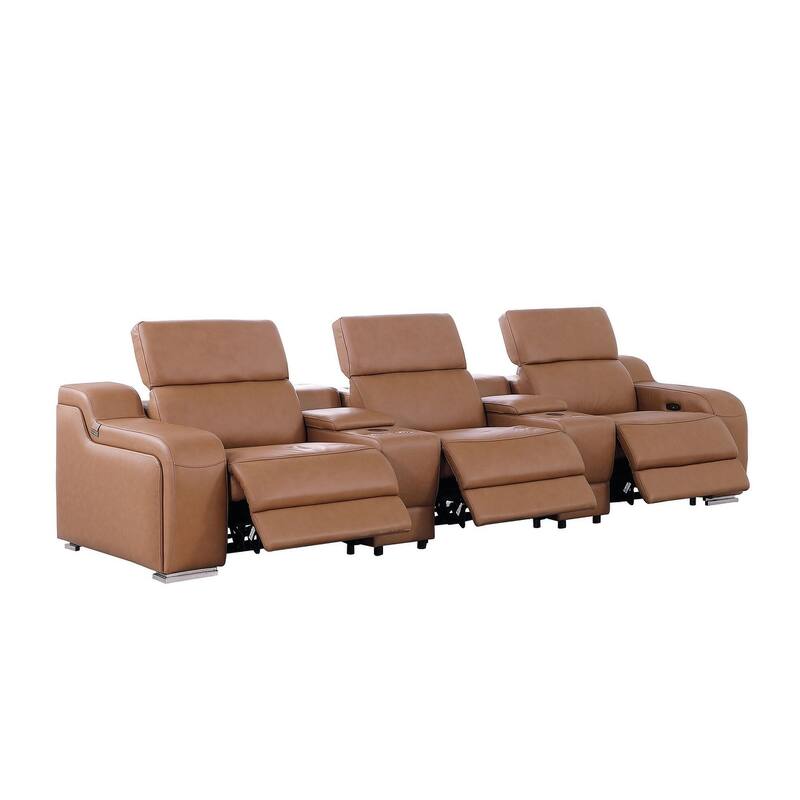 HomeRoots 129" Chestnut Italian Leather Reclining USB Sofa