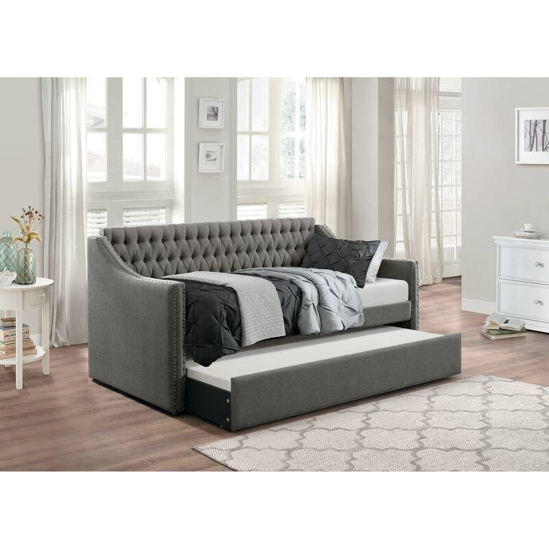 Modern Design Dark Gray Fabric Upholstered 1pc Sofa Bed w Trundle Button-Tufted Detail Nailhead Trim Day Bed