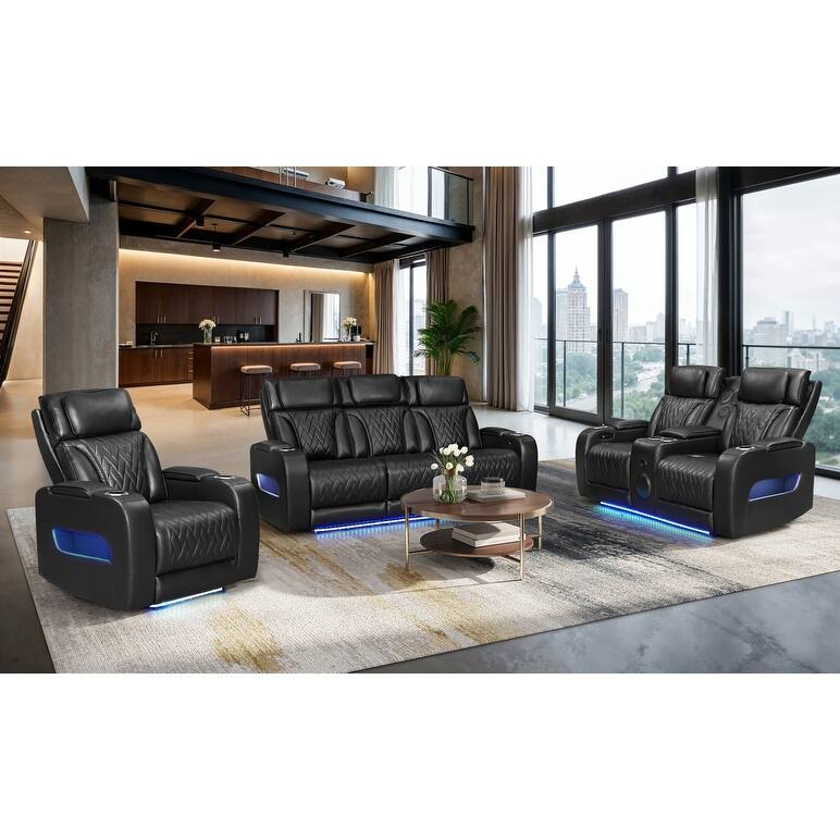 Jazz Leather Aire Power Reclining Living Room Set w/Pwr Headrest, BT Speakers, LED, Wireless Chrg Drop Tbl, USB, Strg & Cuphldrs