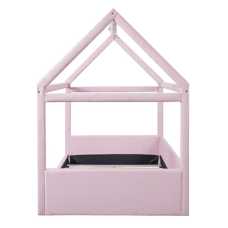 Full Size Upholstered House-Shaped Kids Bed with LED Light Strips, Corduroy Platform Bed Frame Floor Bed