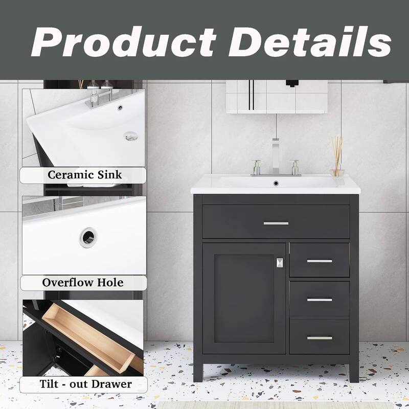 30 in. W x 18 in. D x 34 in. H Single Sink Freestanding Bath Vanity with White Ceramic Top