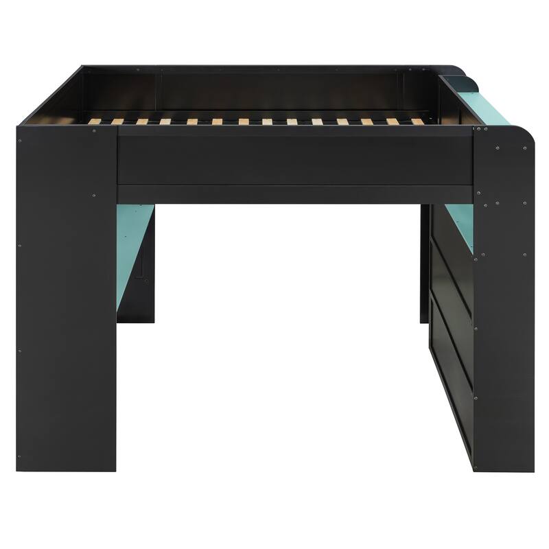 Full Size High Loft Bed, LED Loftbed Frame with Height Adjustable Desk, Wooden Storage Loft Bed with Wardrobe and Shelves