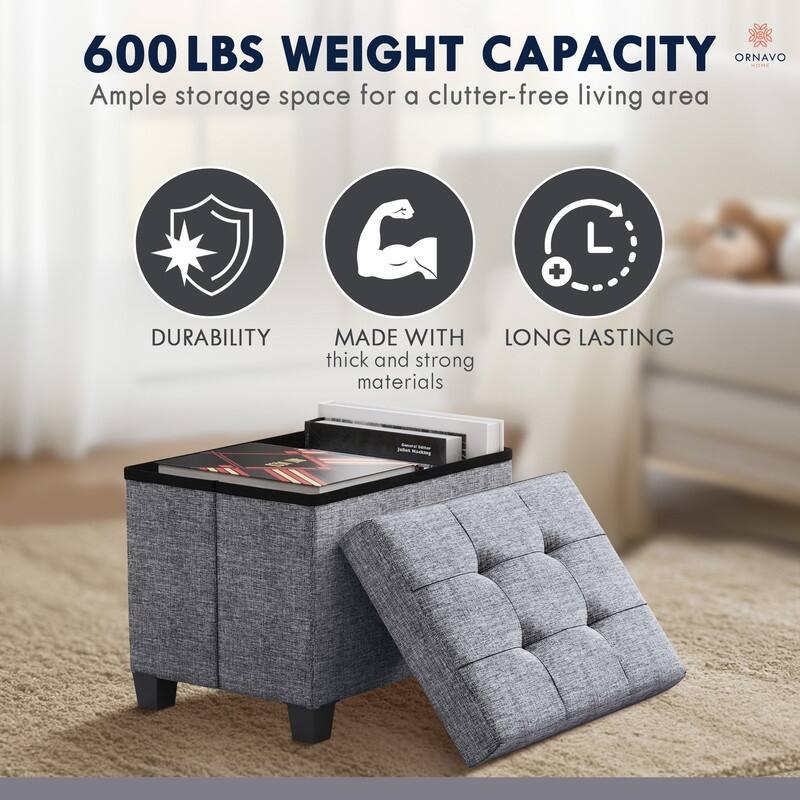 Ornavo Home Collapsible Rectangle Small Storage Ottoman with Legs - 12" x 16" x 12"