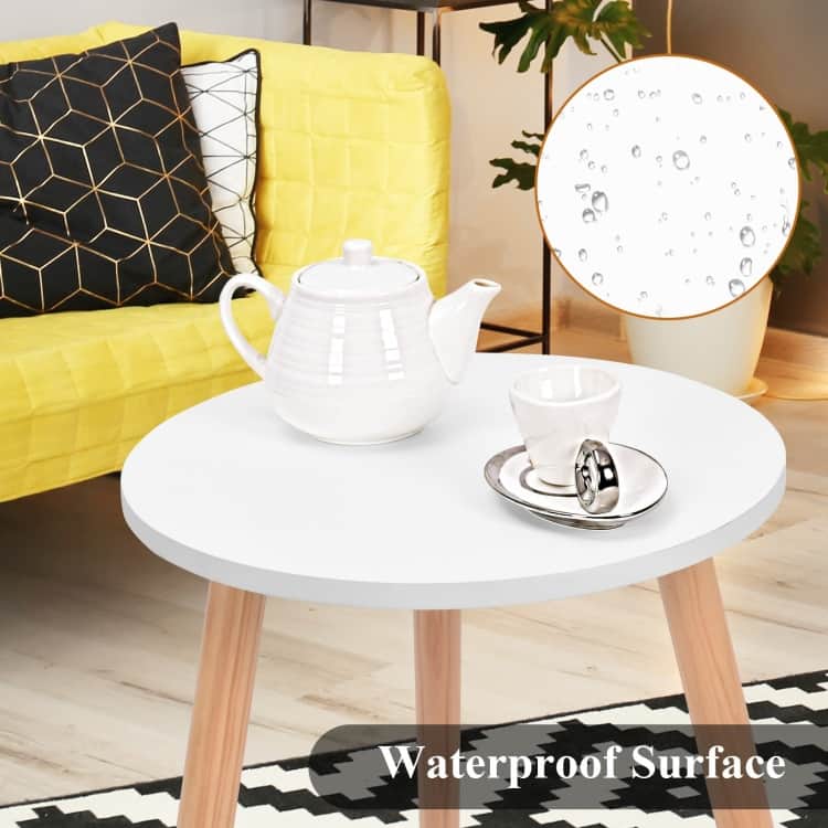 Round White Coffee Table with MDF Top and Pine Wood Legs Modern Minimalist Side Table for Living Room or Office