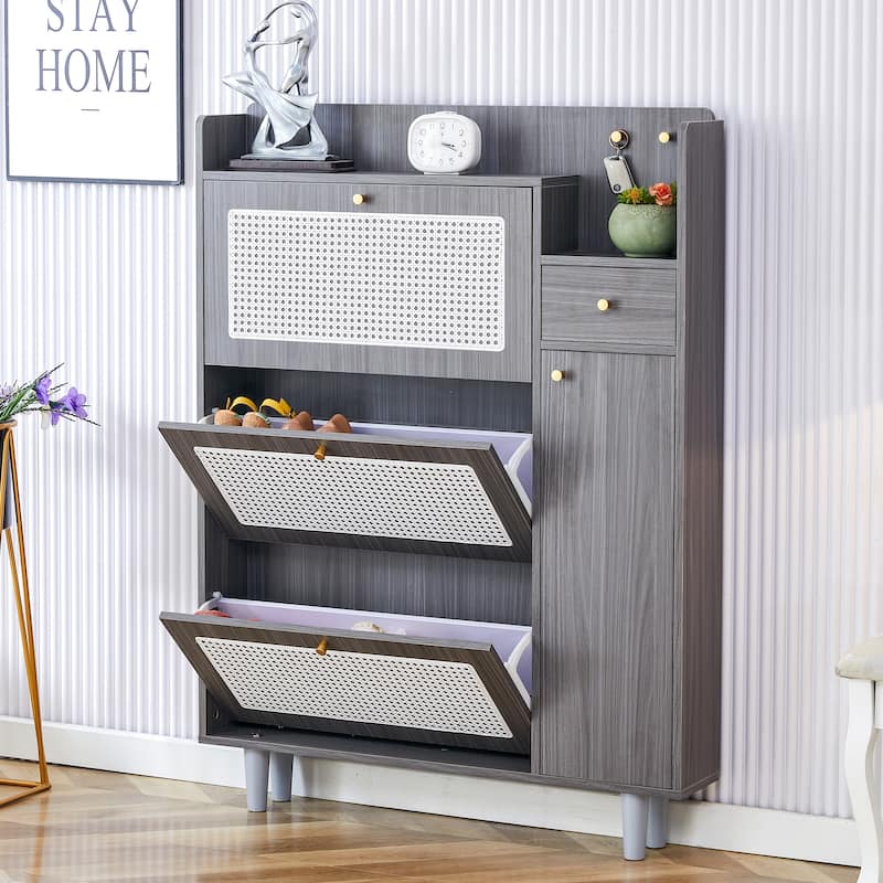 Stylish MDF Rattan Bed Top Cabinet, Shoe Rack Storage Cabinet for Bedroom, Hallway, Entryway with Retro Aesthetic