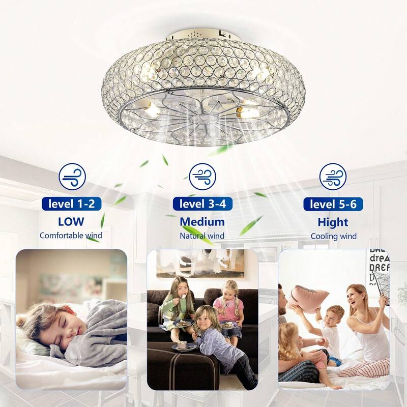 20'' Modern Flush Mount Crystal Ceiling Fans with Remote, 6 Speeds DC Motor Reversible Chandelier Ceiling Fan For Bedroom