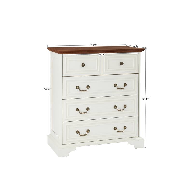 Anmytek White and Walnut 7 Drawer Dresser - Farmhouse Bedroom Storage with Mixed Hardware