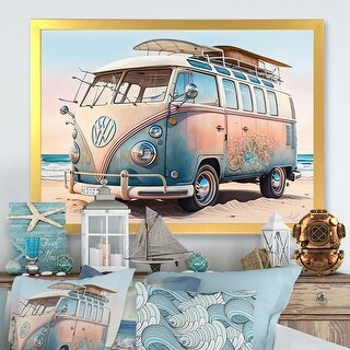 Designart "70S Surfing Van At The Beach II" Beach Framed Art Print ...