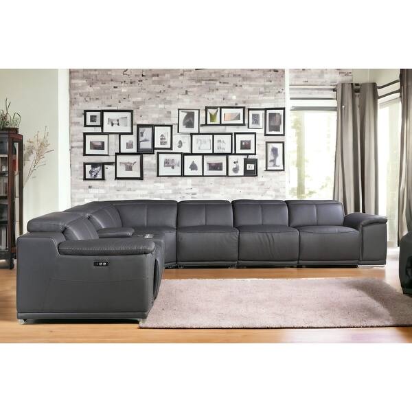 Gray Italian Leather Power Reclining U Shaped Seven Piece Corner Sectional With Console Gray Italian Leather Power Reclining U Shaped Seven Piece Corner Sectional With Console